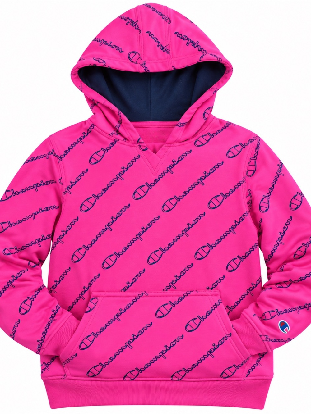 Champion Kids Hot Pink All-Over Logo Hoodie with Navy Lining